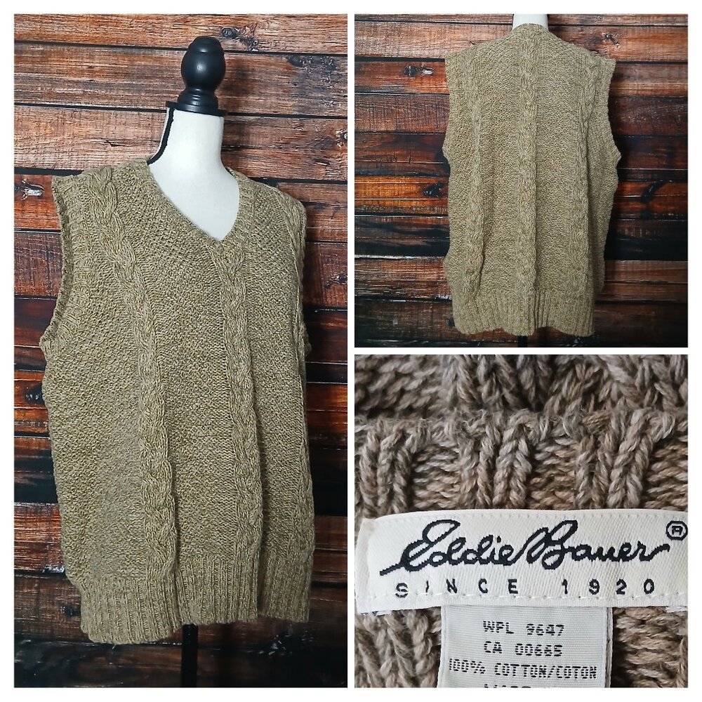 Eddie Bauer Vintage Sweater Vest L Oversized Beige Cotton Cable Knit V-Neck
